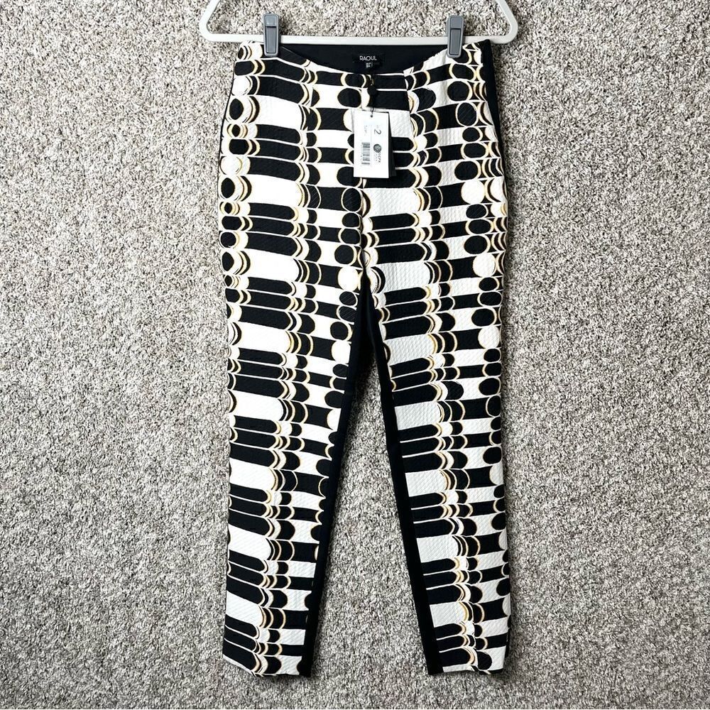 Raoul Pants Women’s 2 Optik Black, White & Yellow Patterned Slim Leg Trouser NWT